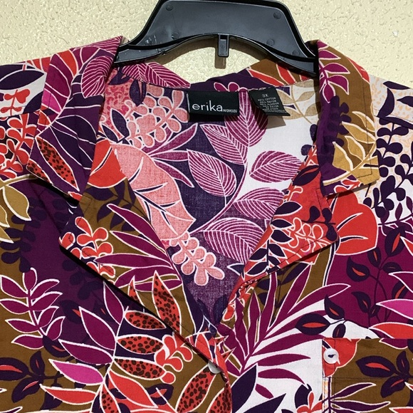 Erika Top Blouse 3X Red Purple Floral Short Sleeve Front Buttons Cotton Rayon - Picture 4 of 13